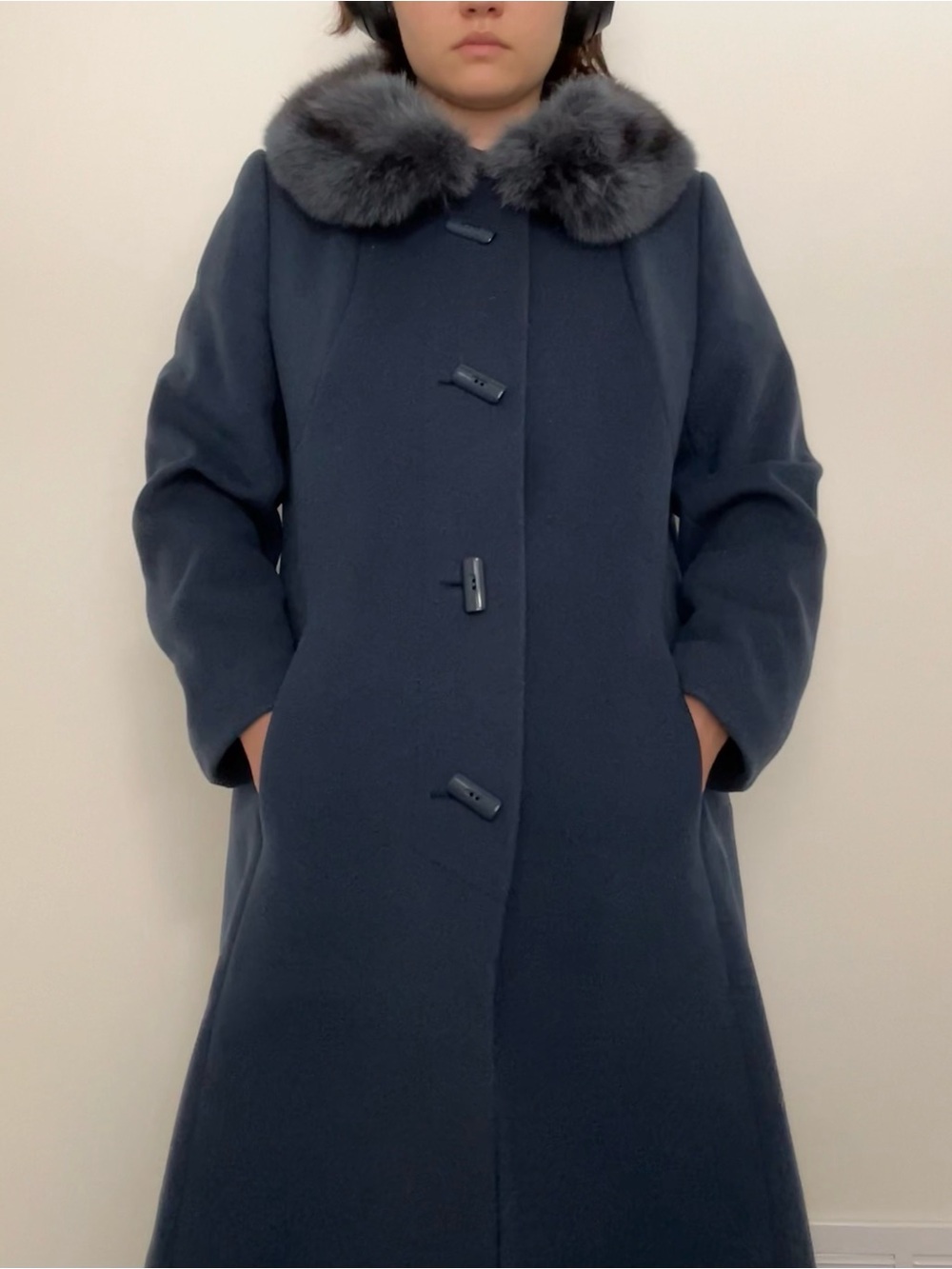 60s Navy Wool Coat With Fur Collar